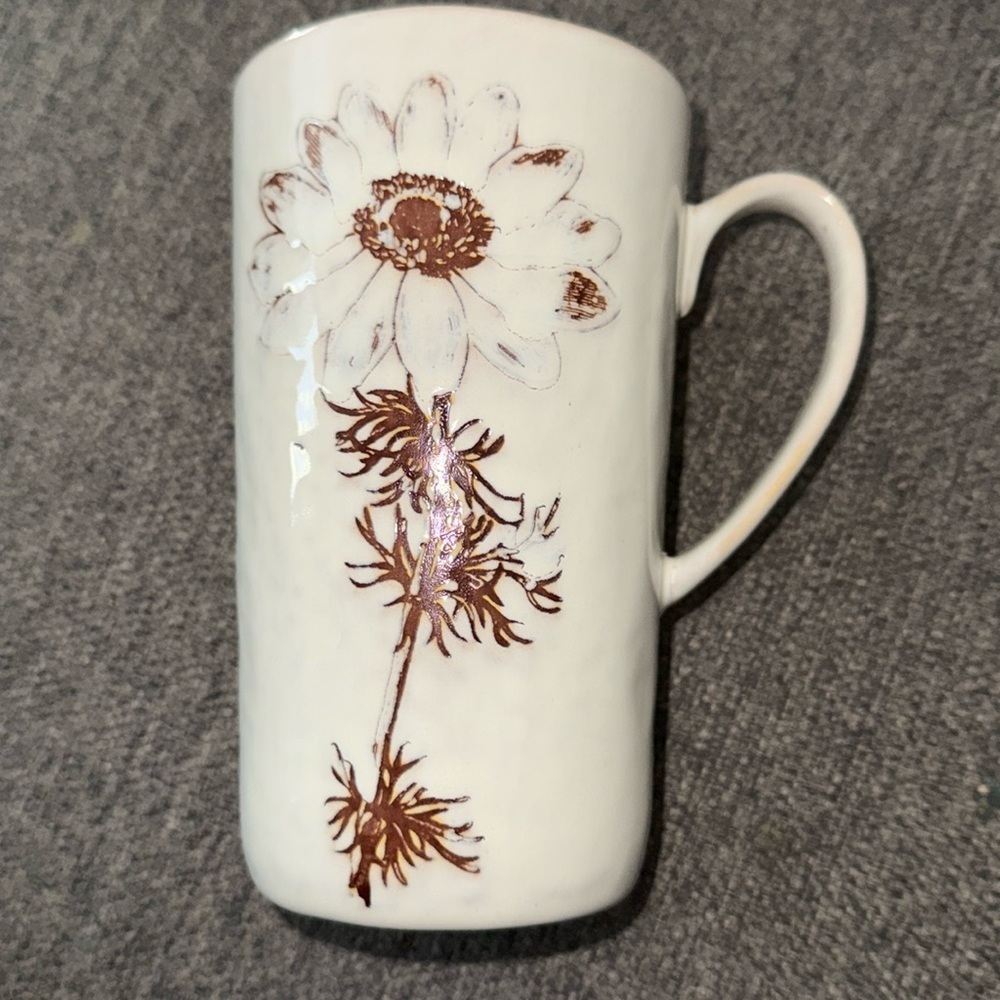TAG Coffee Tea Mug Cup Ivory Ceramic Incised Floral blue Inside G7